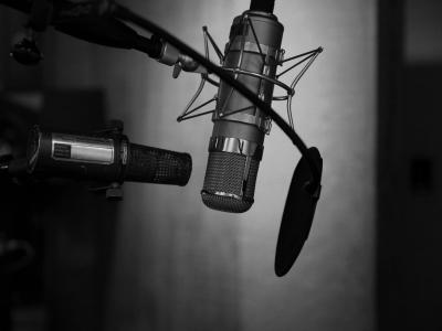 black and white photograph of professional microphone equipment