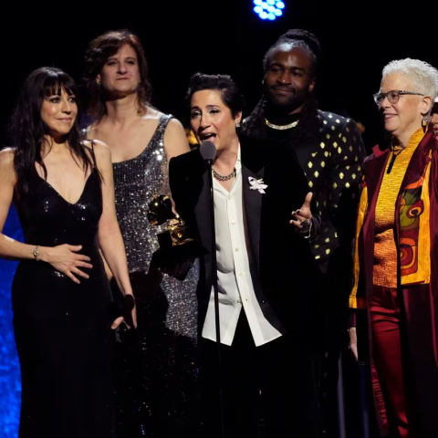 Carla Patullo with the Scorchio Quartet and Tonality after winning Best New Age, Ambient, or Chant Album for So She Howls at the 2024 Grammy Awards.