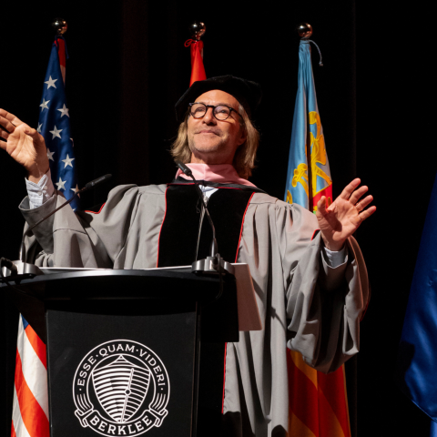 Berklee Valencia's Honorary Doctorate recipient Eric Whitacre addresses the class of 2026 during commencement celebrations.
