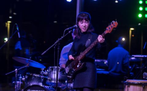 Bass student playing at “La Nit de Berklee”, the farewell concert representing the culmination of a year of work, learning, and achievements.