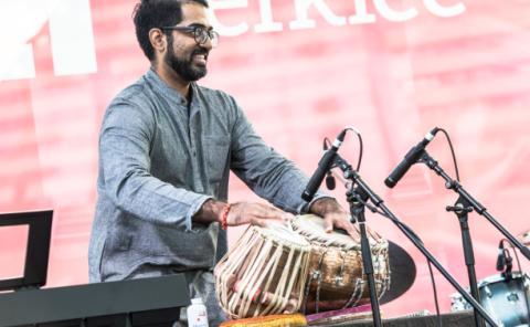 Percussionist performing on Un Lago de Conciertos concert series.